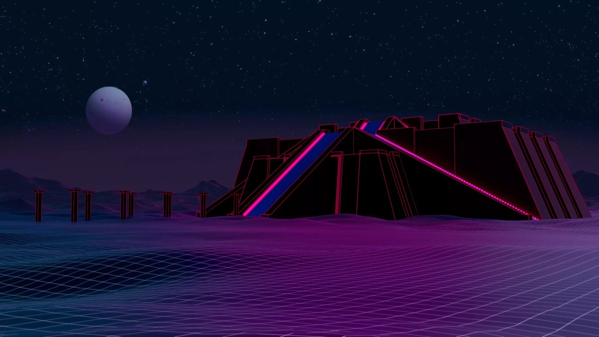 A futuristic landscape with purple lighting - Synthwave
