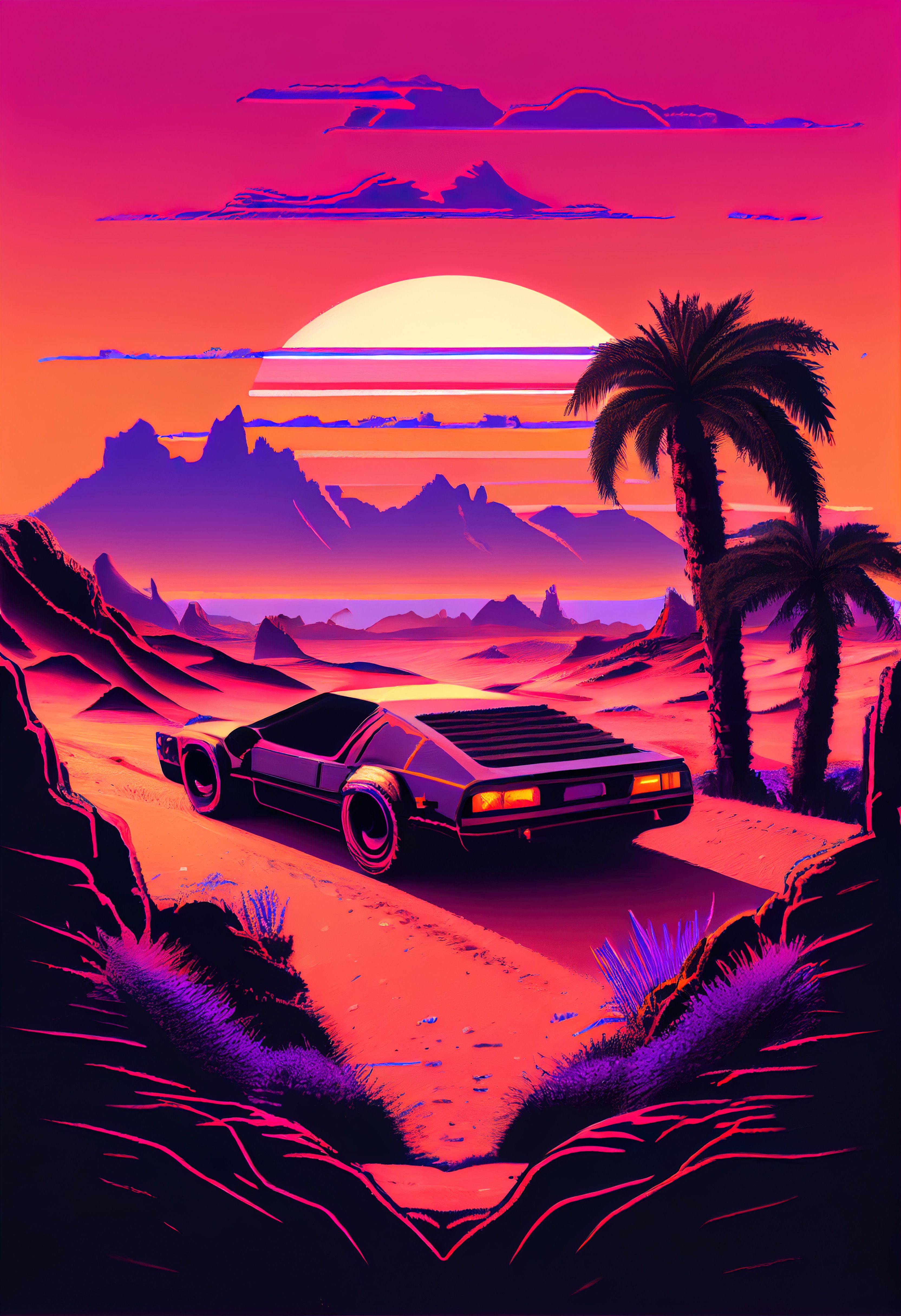 A car driving through the desert with palm trees in front of it - Synthwave
