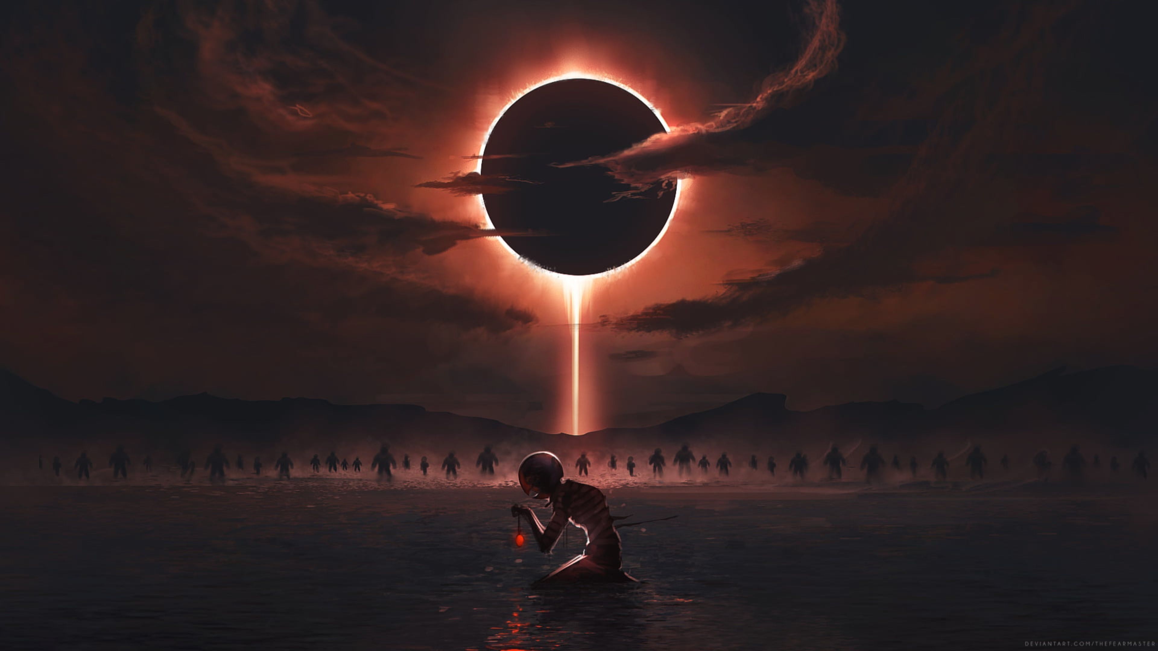 A woman kneeling in water with an eclipse behind her and a group of people walking towards the horizon - Eclipse