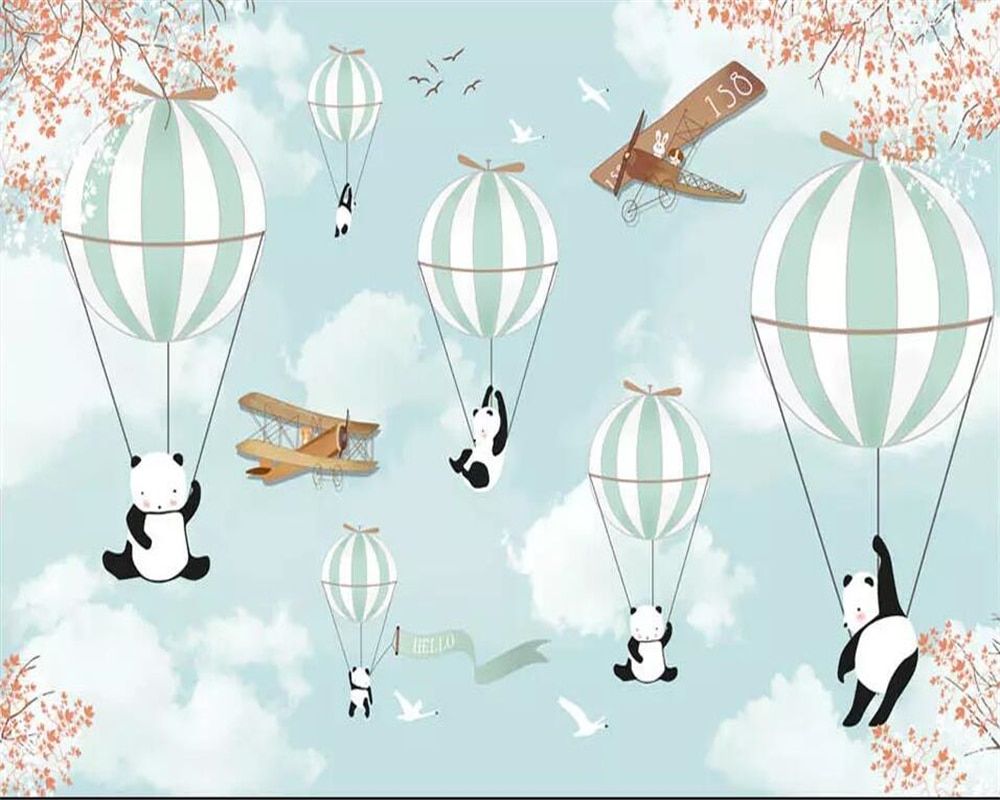 A panda flying in the sky with air balloons and an old plane - Hot air balloons