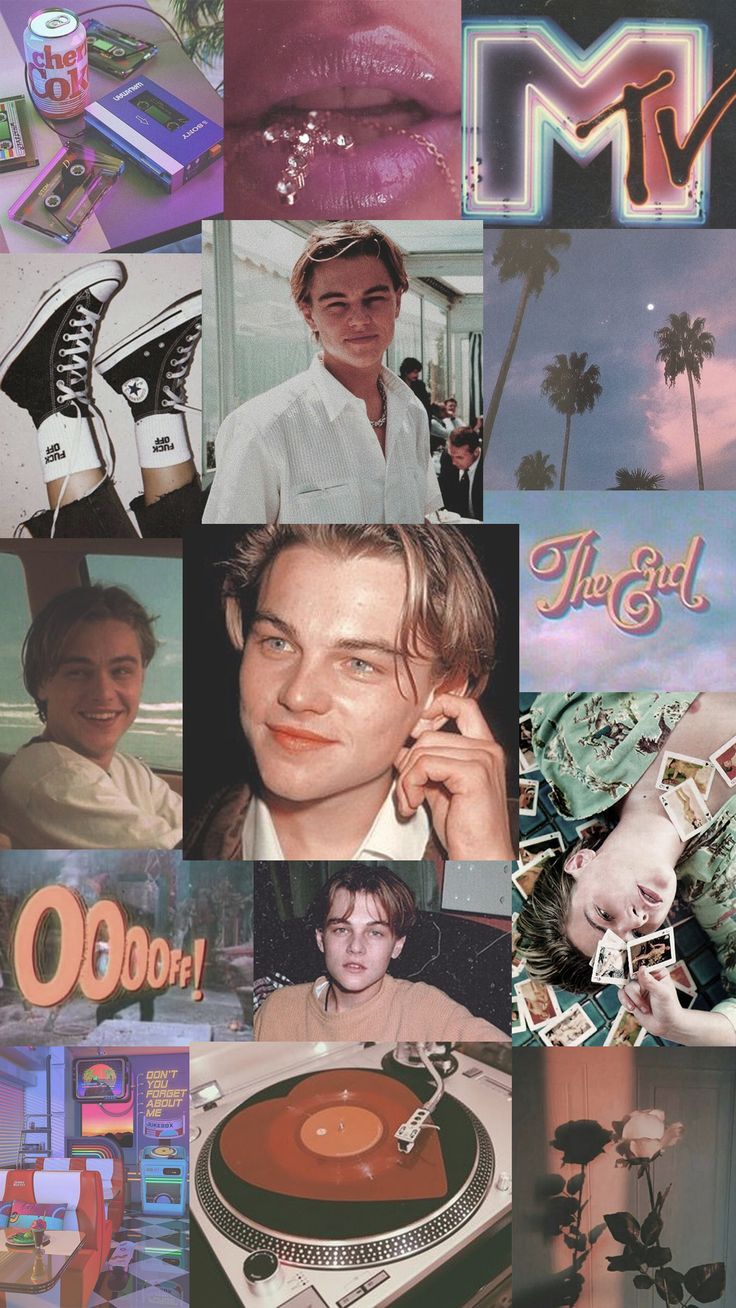 A collage of Leonardo DiCaprio, palm trees, and various other images. The aesthetic is 90s. - Leonardo DiCaprio