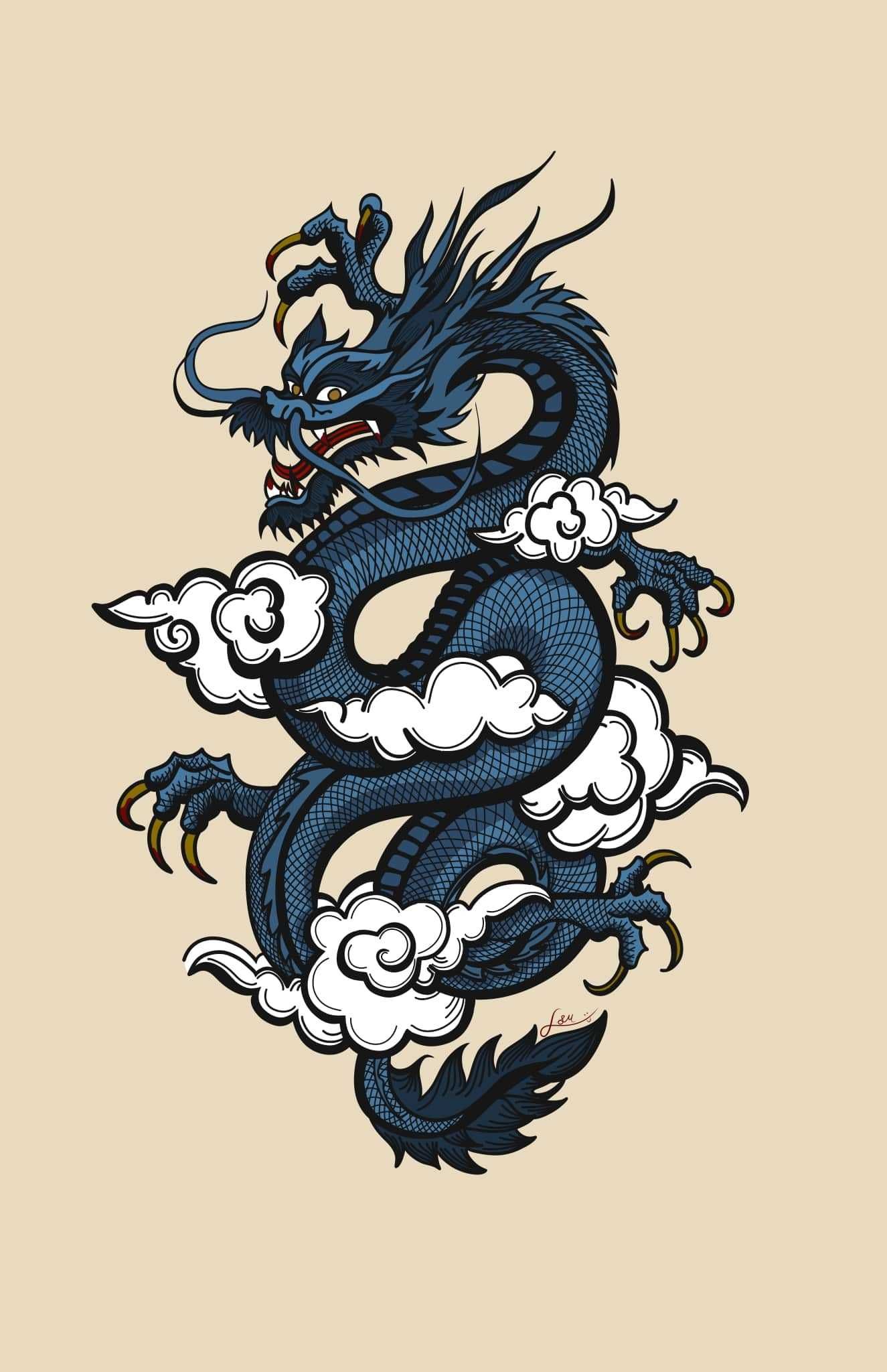 A blue dragon with clouds on a beige background - Dragon