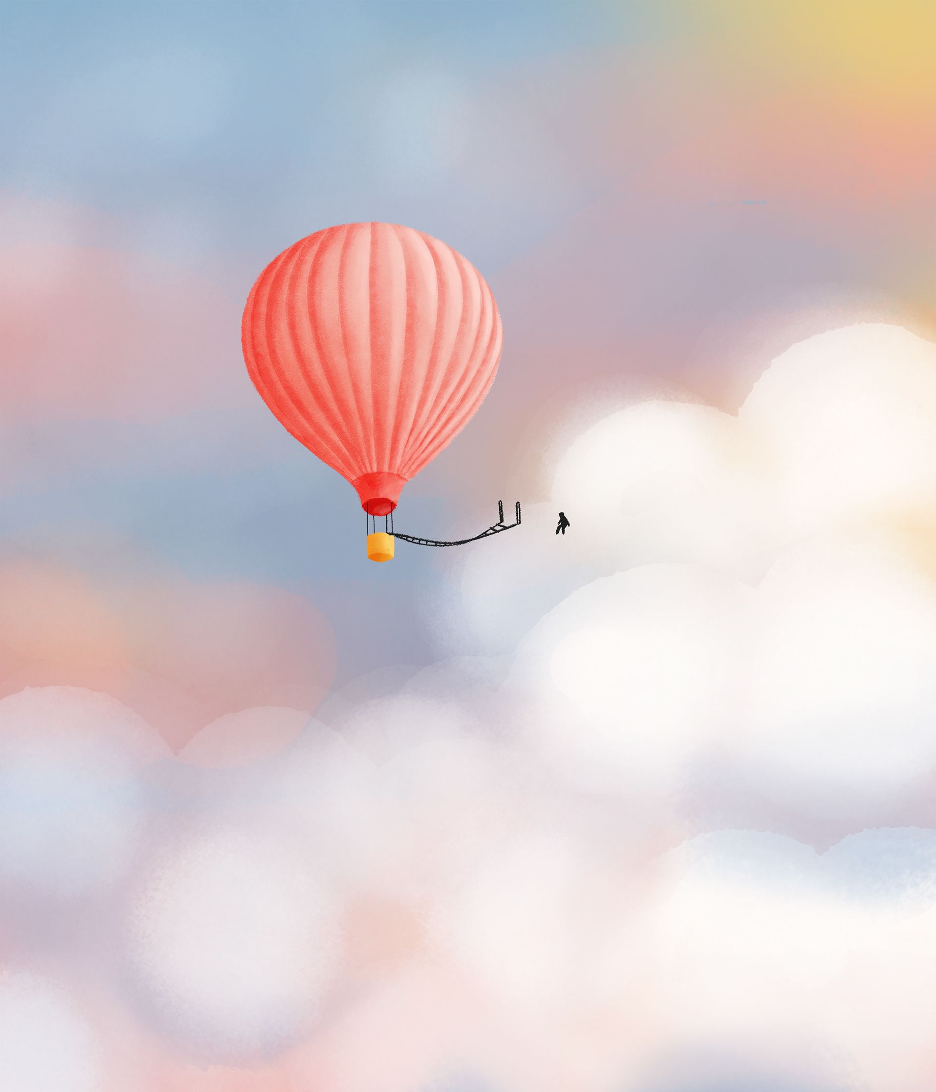A red hot air balloon floating above the clouds with two people standing on a ladder attached to the side. The sky is blue with a few clouds and the sun is setting in the background casting a warm glow over the scene. - Hot air balloons