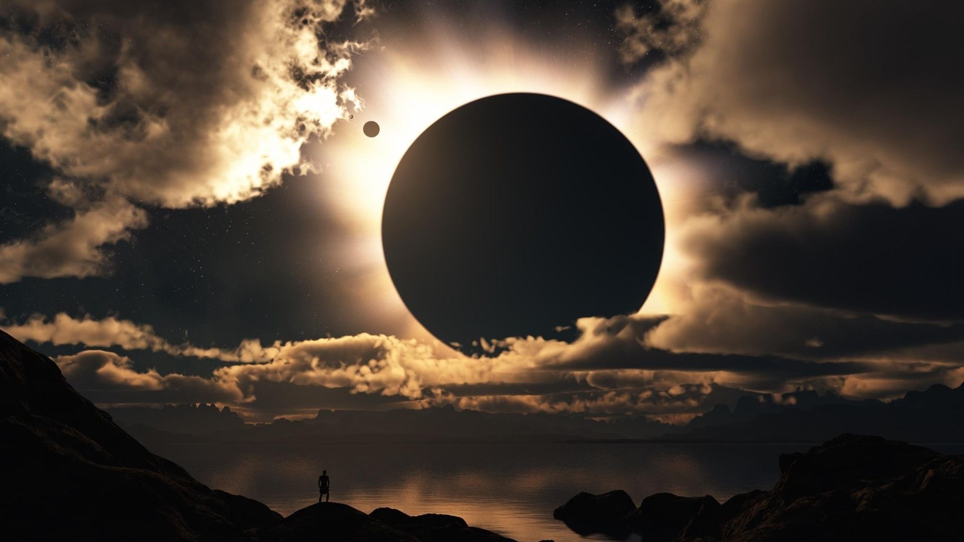 Wallpaper eclipse, sky, clouds, silhouette, person. Dark planet, Live wallpaper, Lunar eclipse live