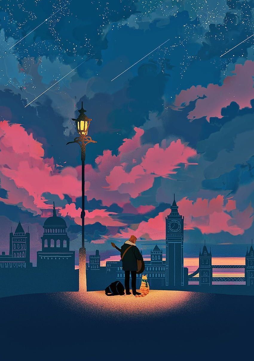 A man and his dog watch the stars at night in London - Illustration