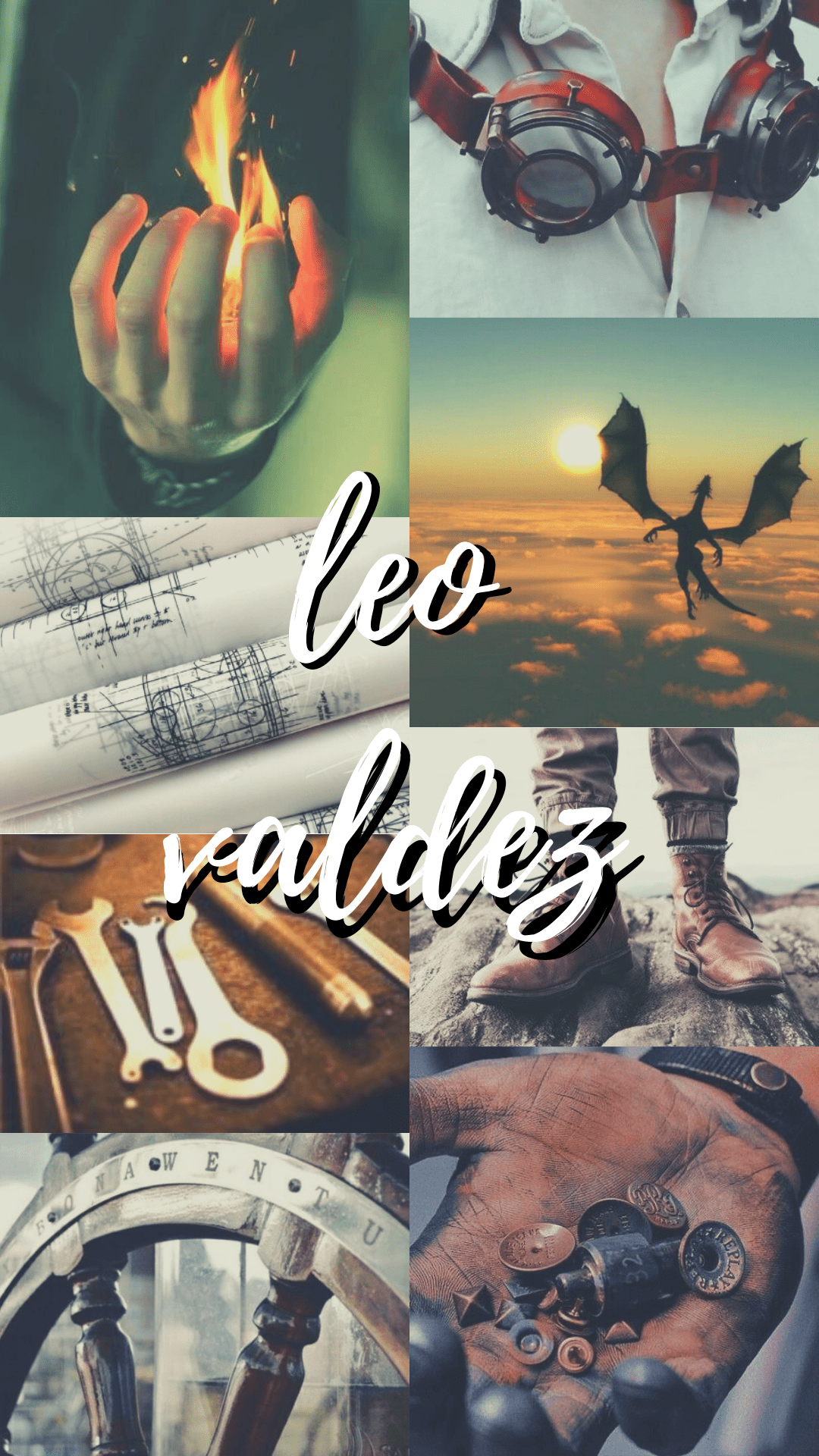 A collage of images including a hand holding fire, a dragon, a ship's wheel, and a sunset - Leo Valdez