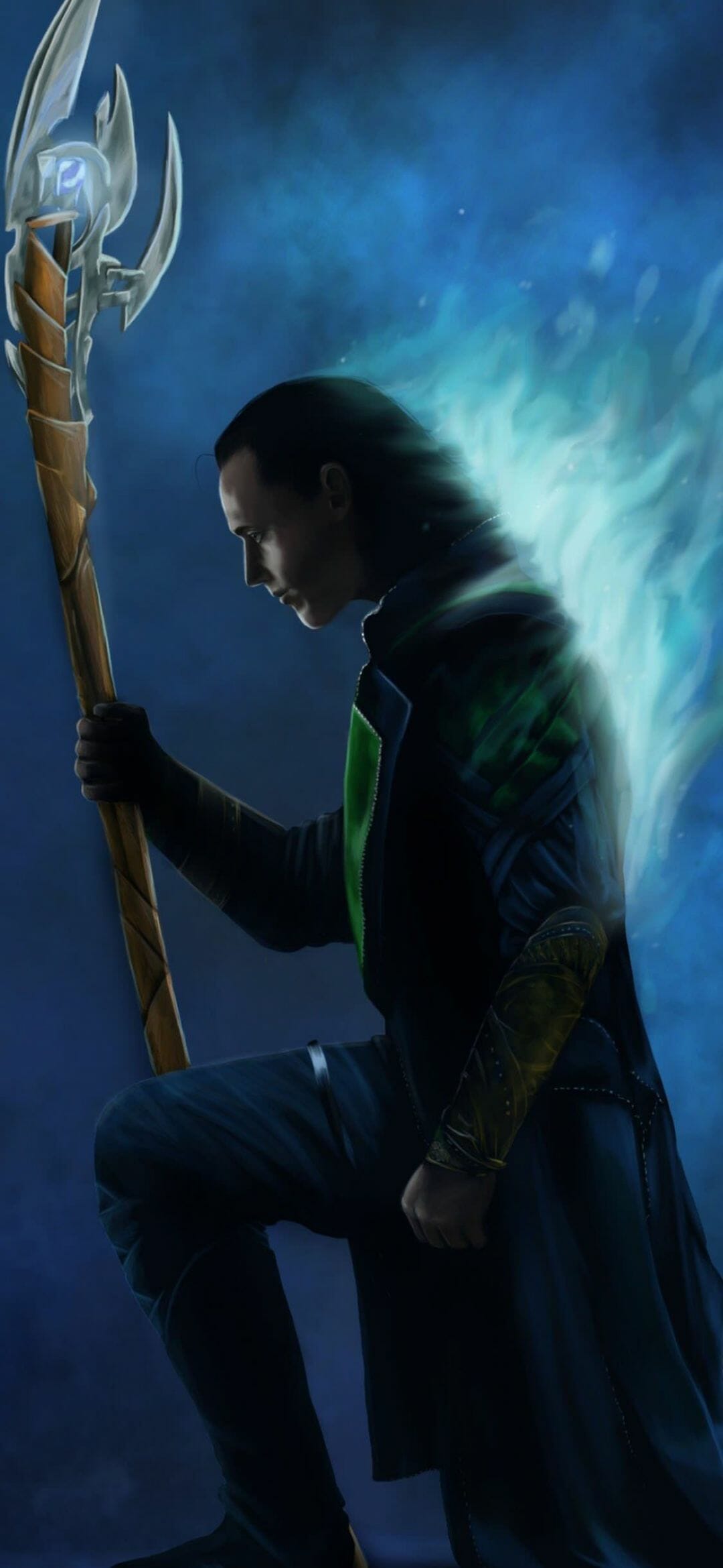 A man with blue flames holding an axe - Loki