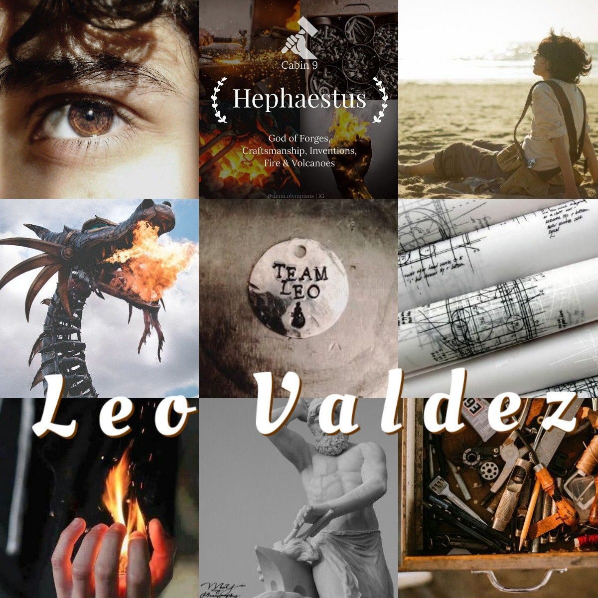 Leo Valdez Aesthetic - a collage of images including a close up of a person's eye, a dragon, a person sitting on the beach, a close up of a flame, a sculpture, a book, a drawing of a helmet, and a person working with tools - Leo Valdez