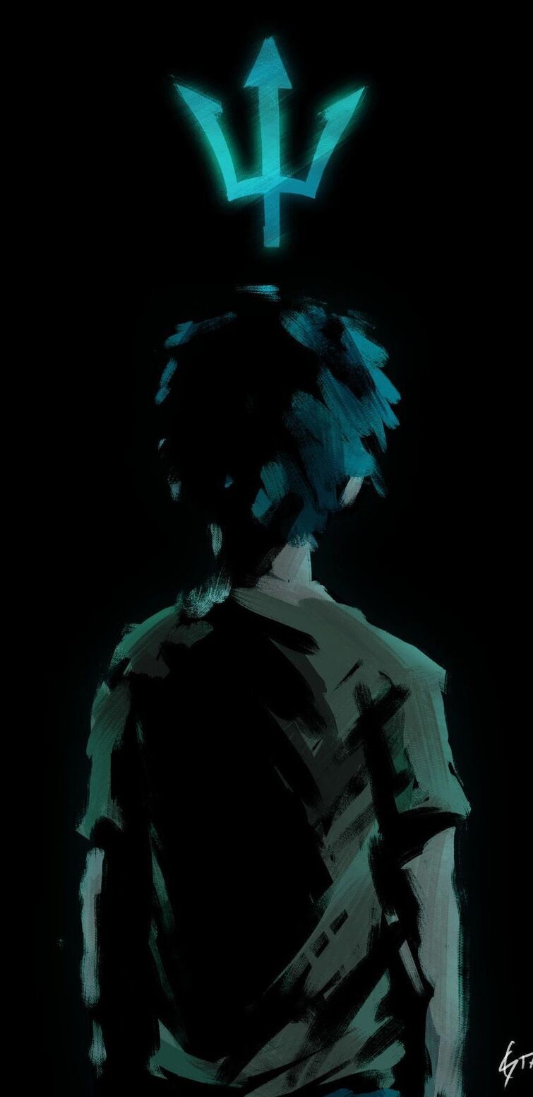 A silhouette of a boy with a trident above his head - Leo Valdez