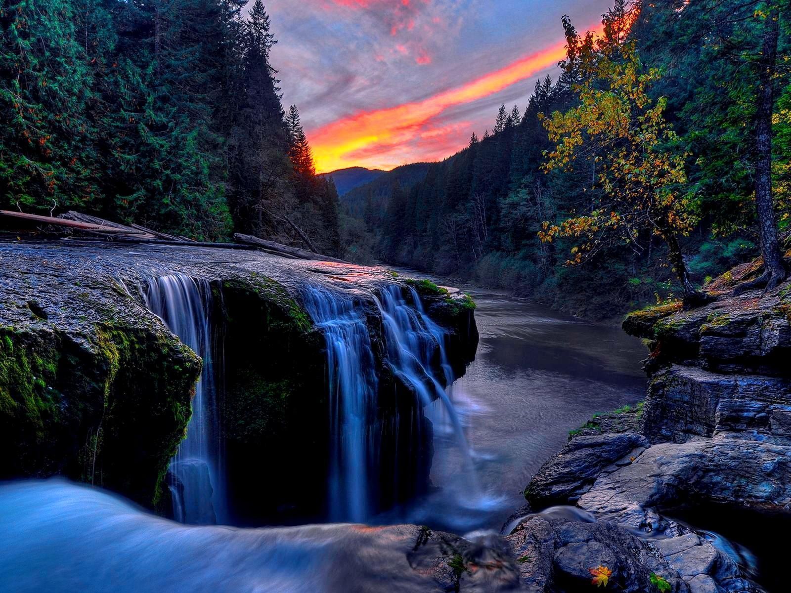 A waterfall in the forest during sunset - Waterfall