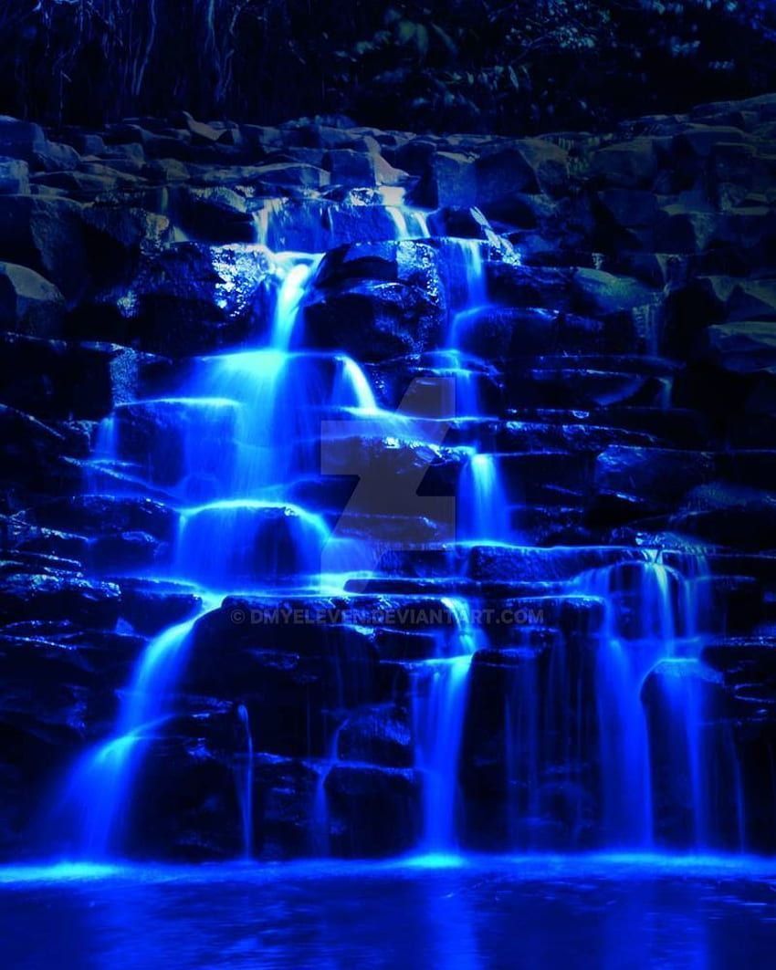 A waterfall lit up by blue light - Waterfall