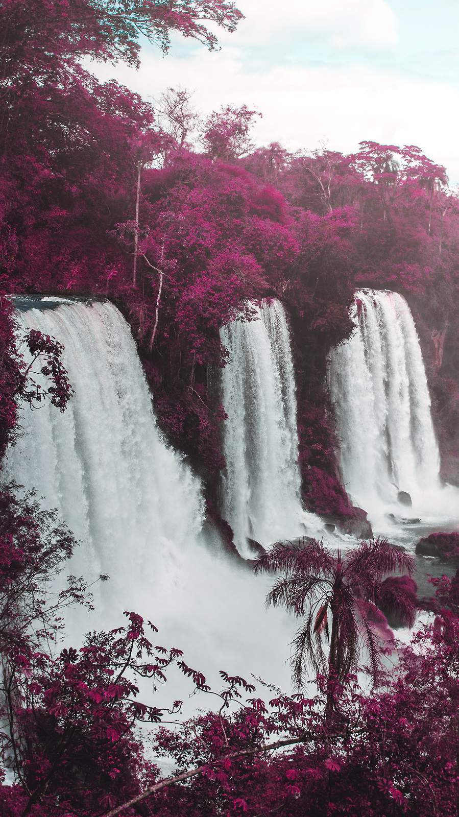 IPhone wallpaper of a waterfall surrounded by purple flowers - Waterfall