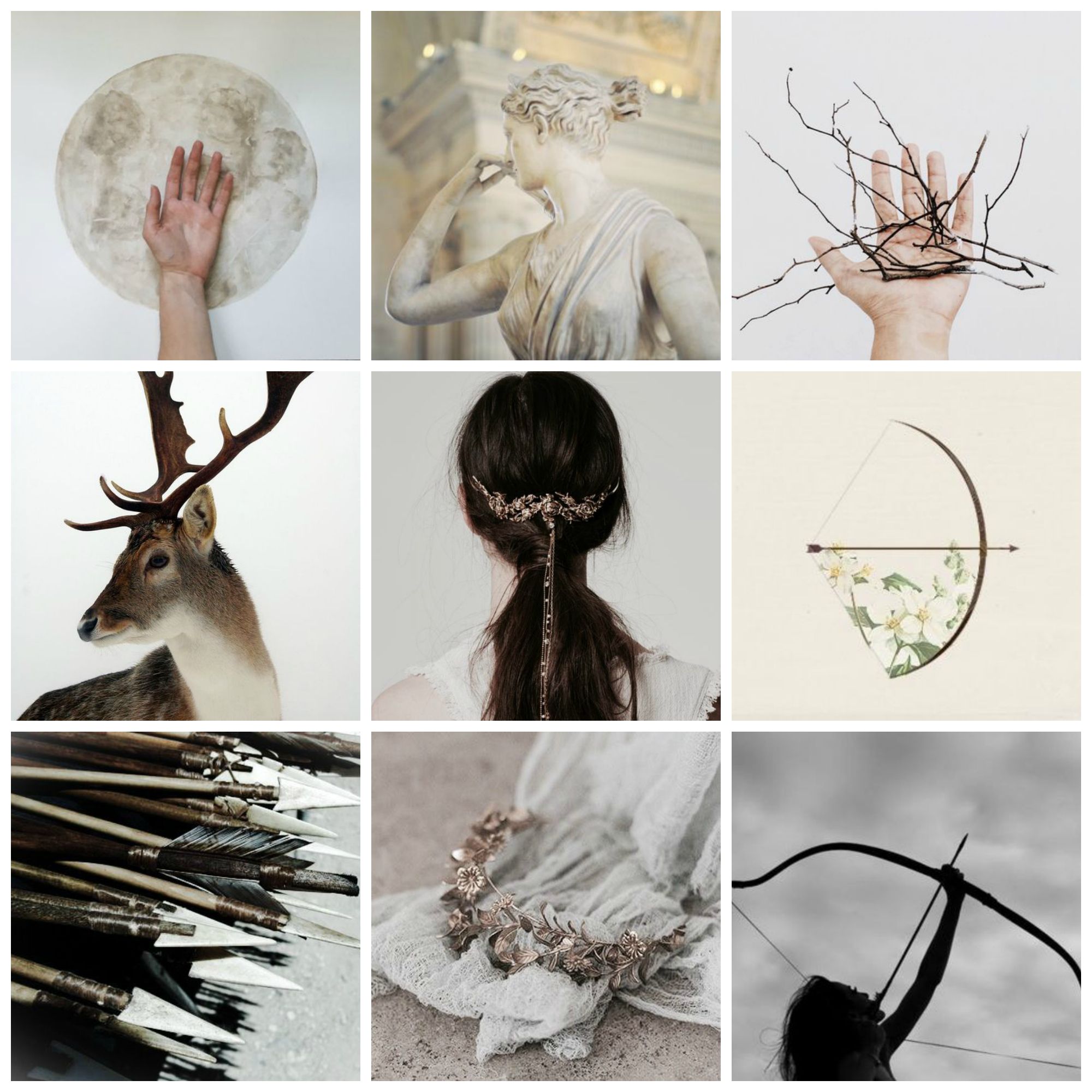 A collage of images including a deer, a hand holding branches, and a bow and arrow. - Artemis