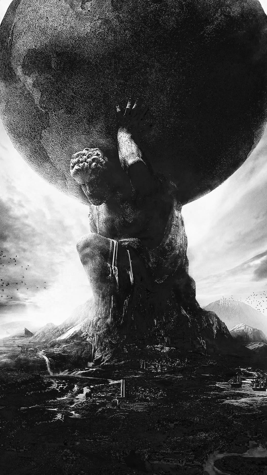 Artwork of a giant holding up a large rock. - Black and white, Atlas