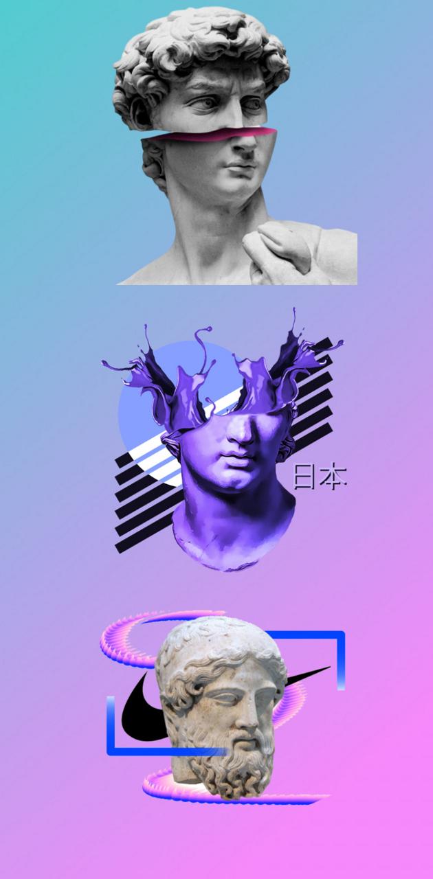 Collage of a statue of David's head with a nike logo and a statue of a head - Statue