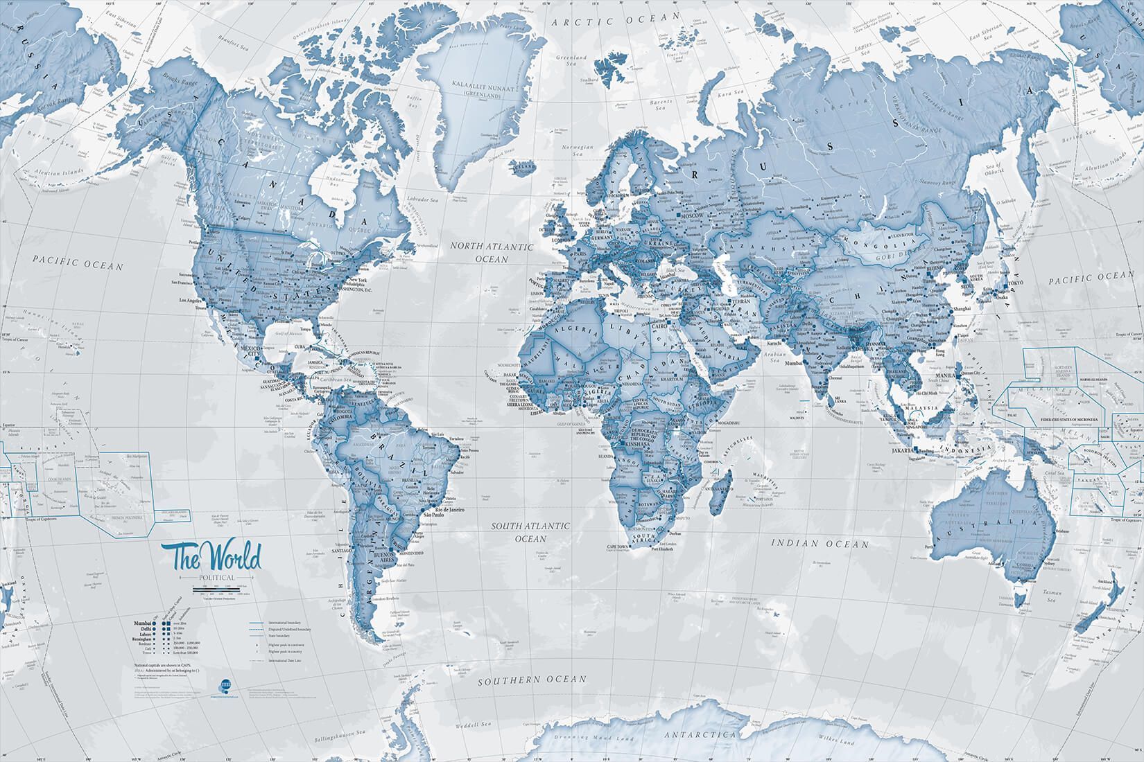 Blue World Atlas Map Wallpaper Mural. Hovia UK. World map wallpaper, Map wall mural, Map wallpaper
