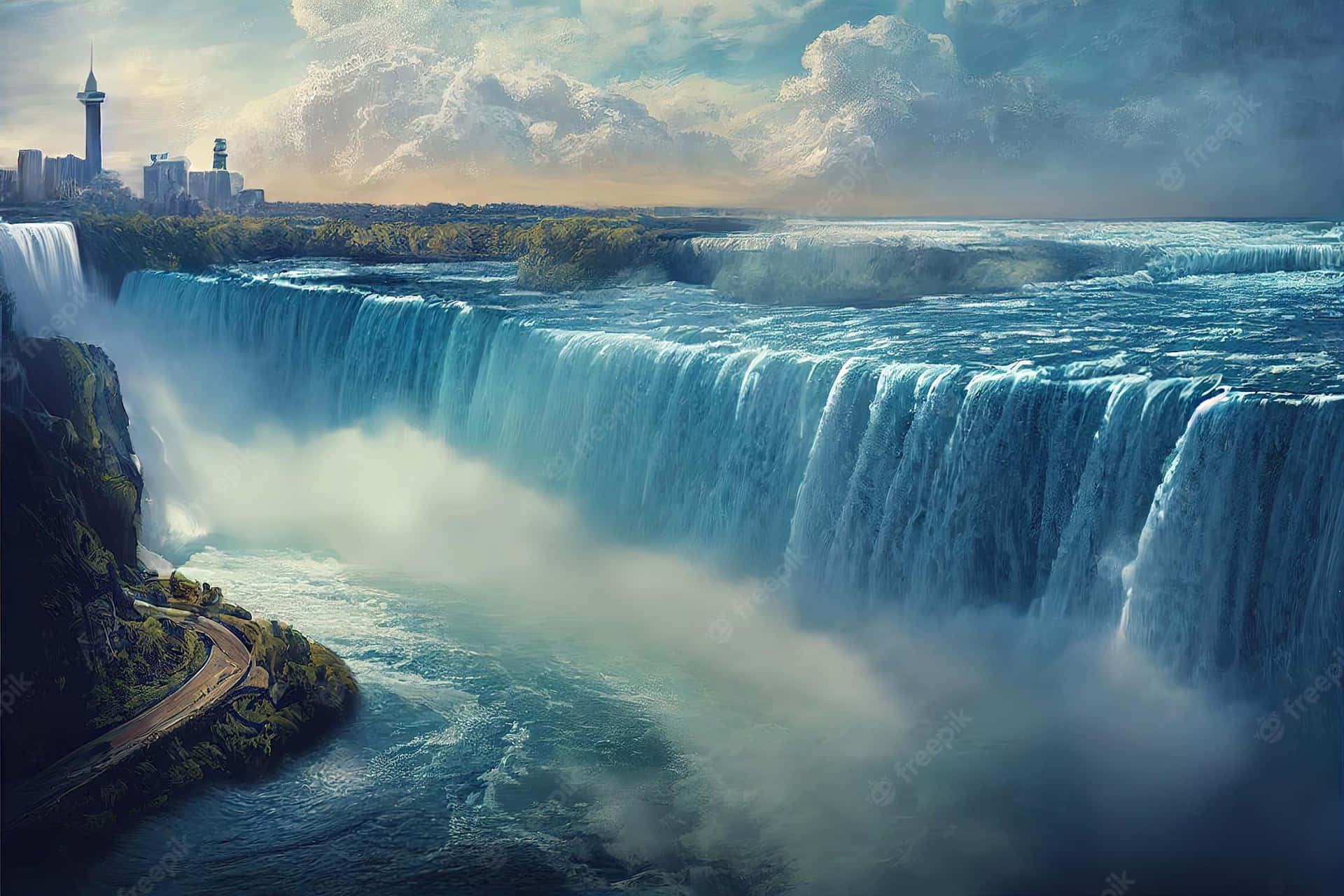 A large waterfall with city buildings in the background - Waterfall