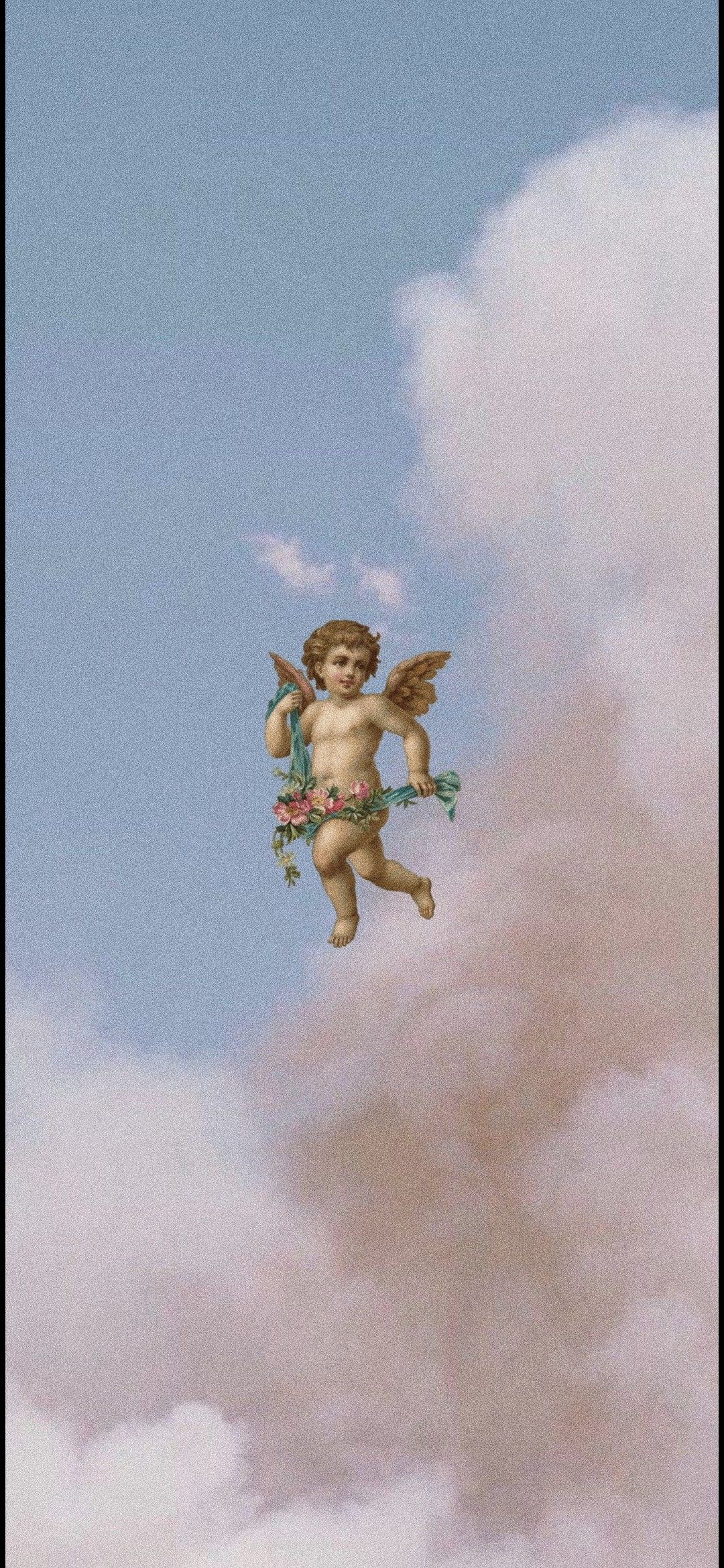 IPhone wallpaper of an angel flying through the clouds - Cupid