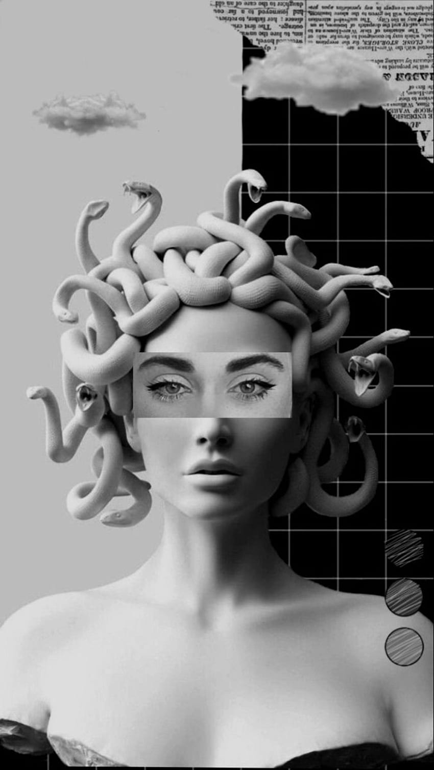 Black and white digital collage of a woman with snakes in her hair - Medusa