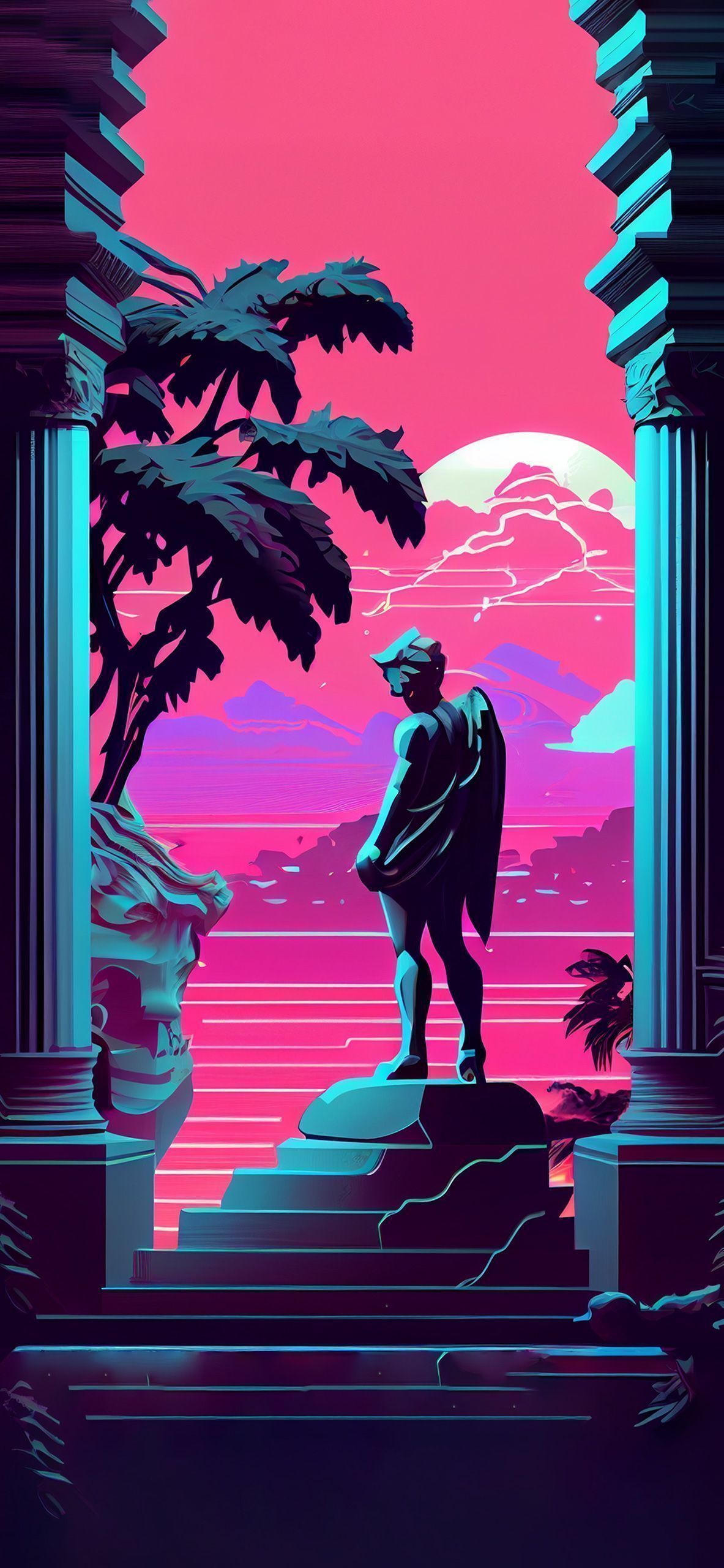 IPhone wallpaper of a statue in front of a pink sky - Statue, Greek statue, synthwave