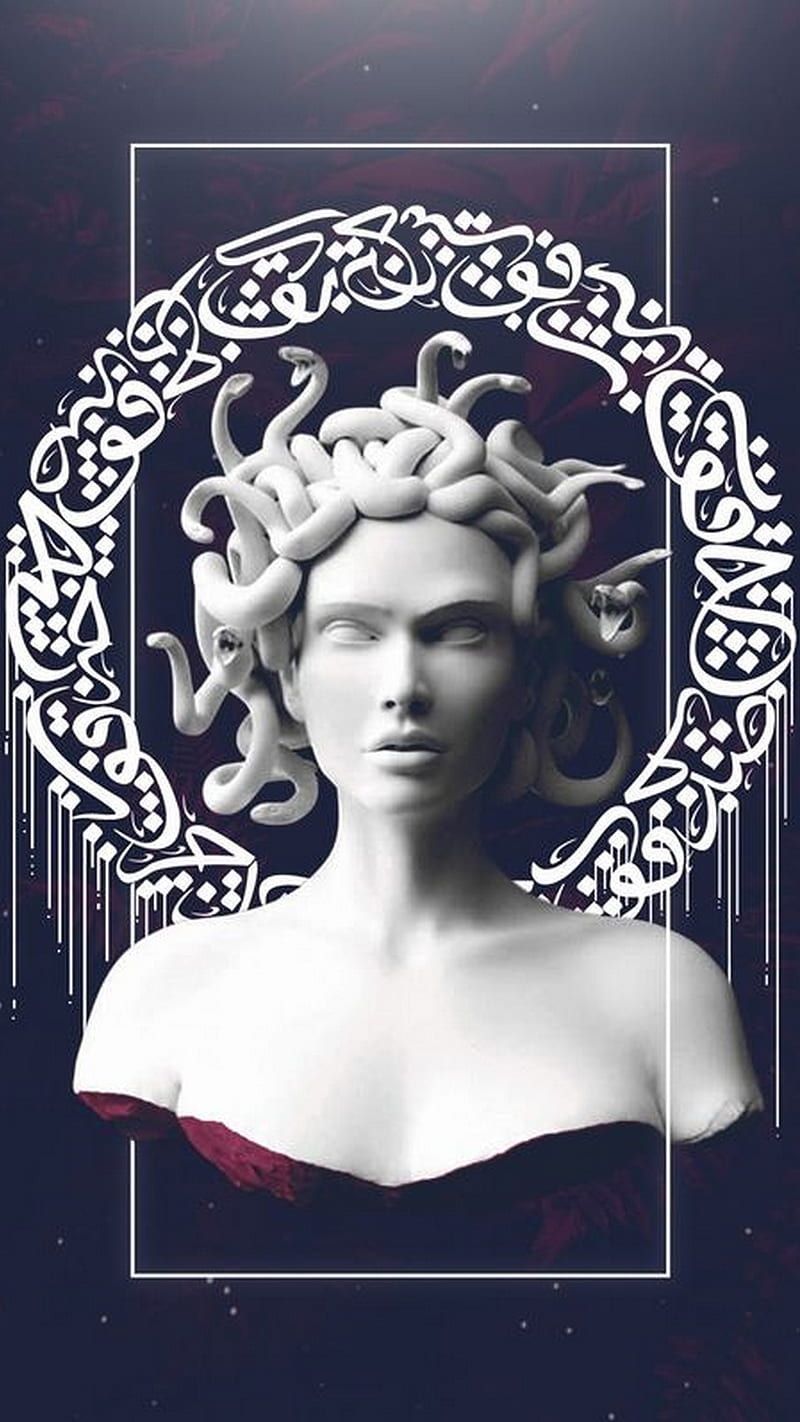 IPhone wallpaper of a sculpture of Medusa with snakes for hair and Arabic calligraphy in the background. - Medusa, dark vaporwave