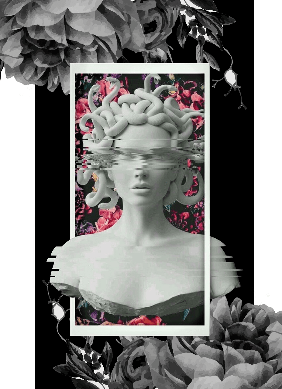 A black and white photo of an image with flowers - Medusa