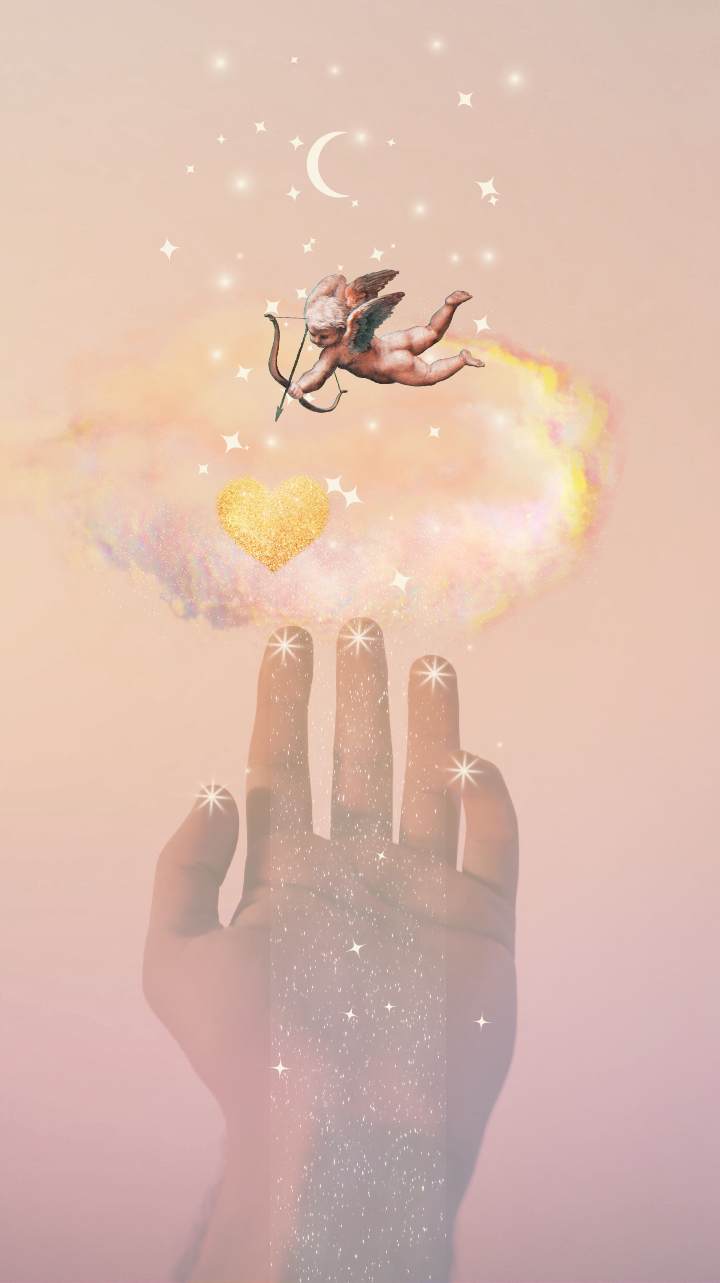 A hand reaching out to a golden heart held by an angel in the clouds. - Cupid