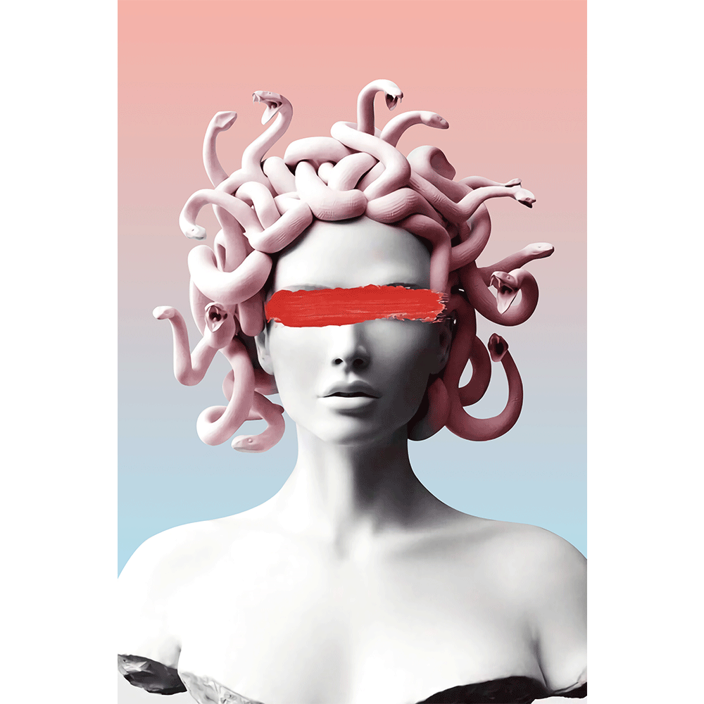 A woman with snakes on her head and red tape over the eyes - Medusa