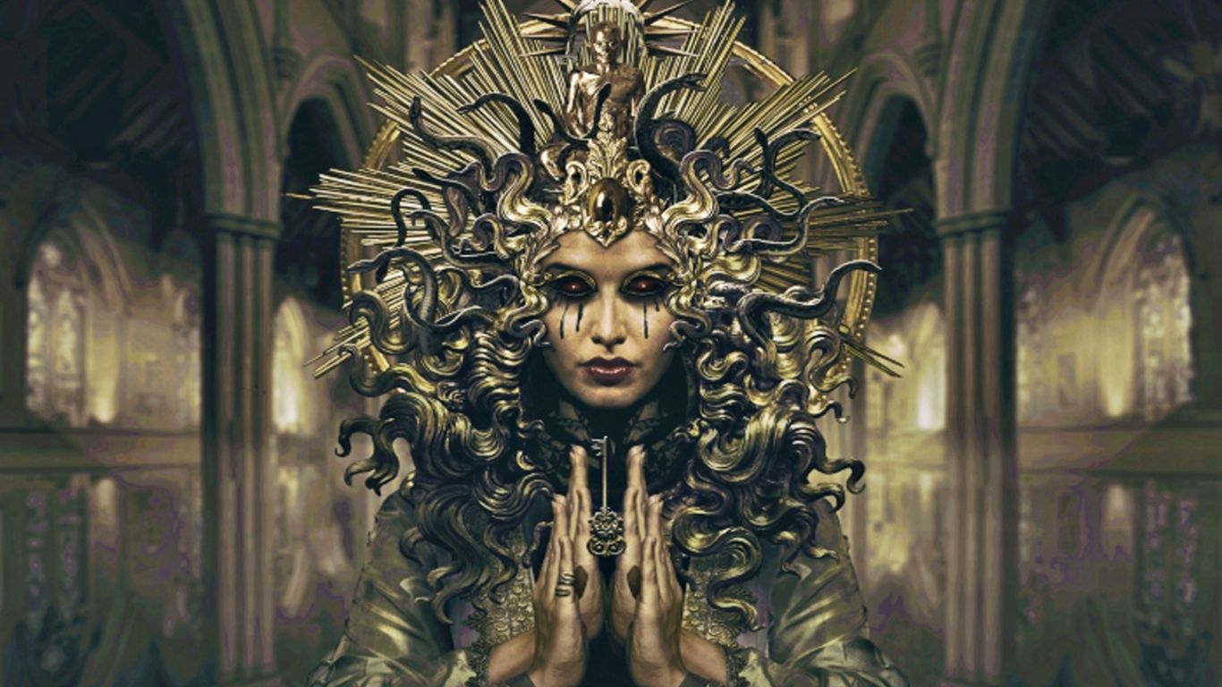 A woman with snakes for hair and a crown of thorns looks up to the heavens. - Medusa