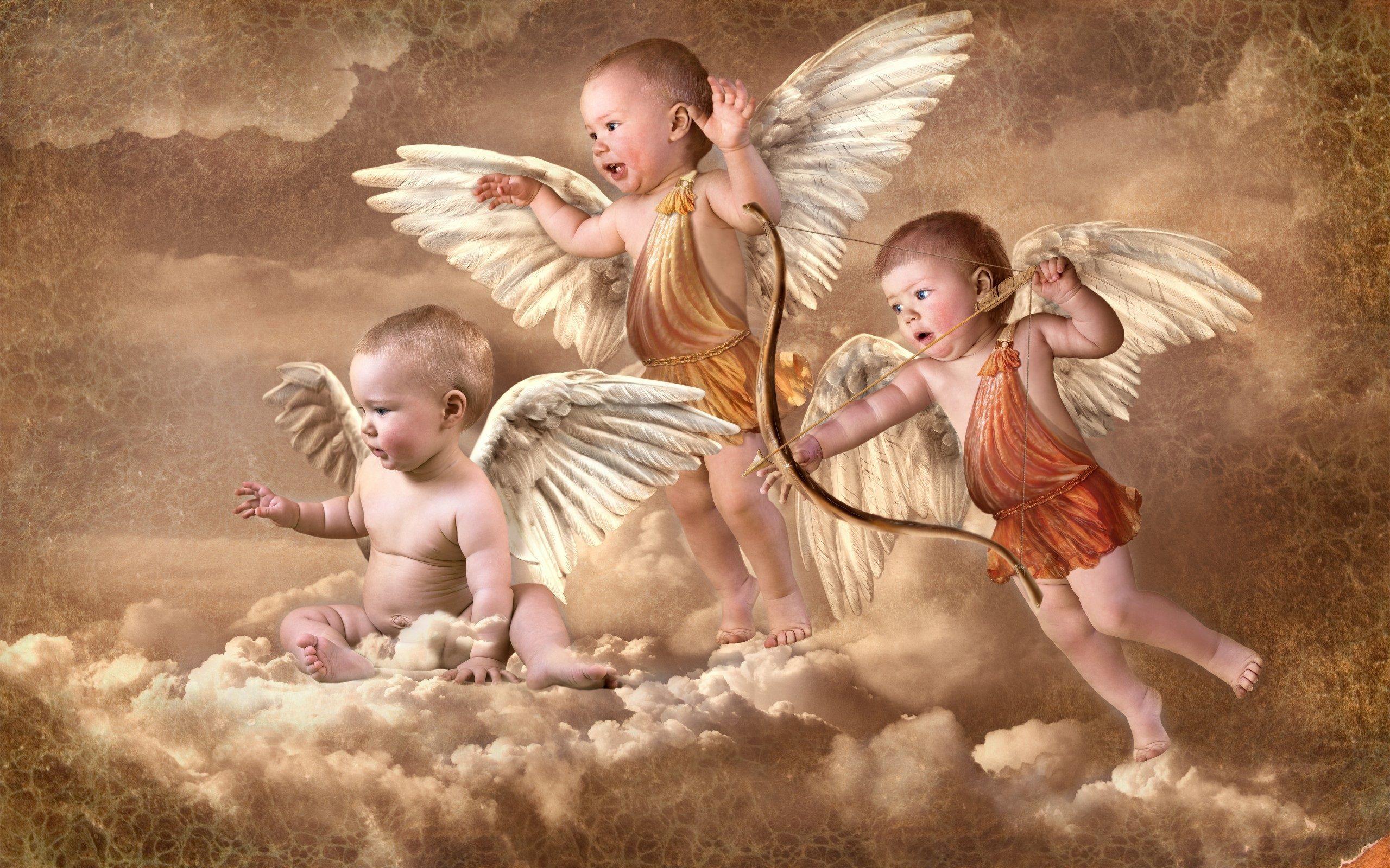 A painting of three angels in the sky - Cupid
