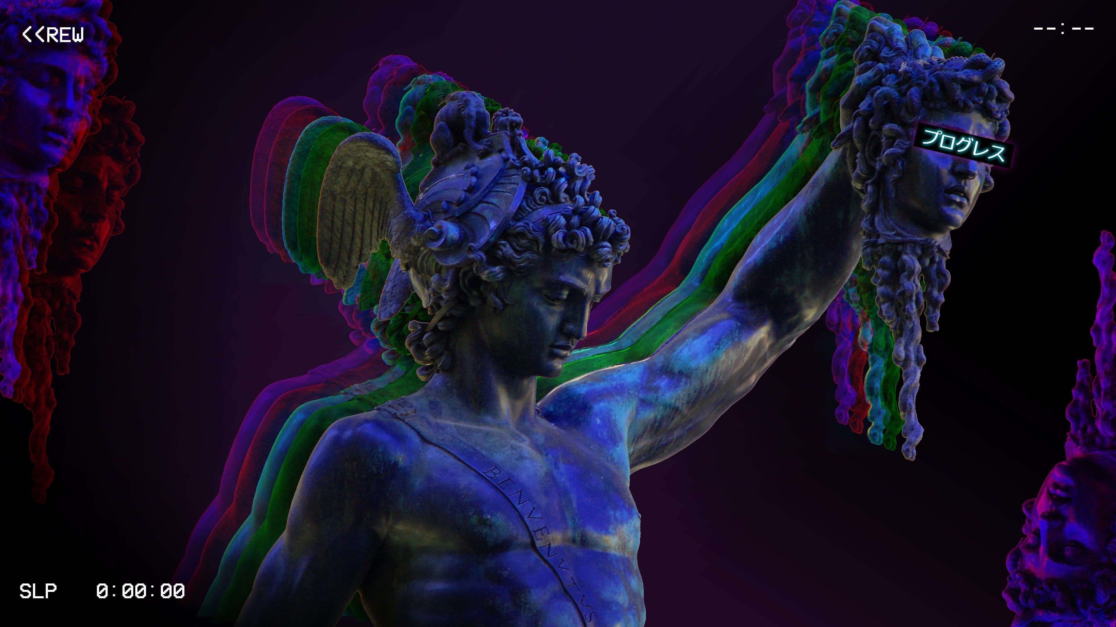 A digital collage of a statue holding a head with a neon purple and blue color scheme. - Medusa