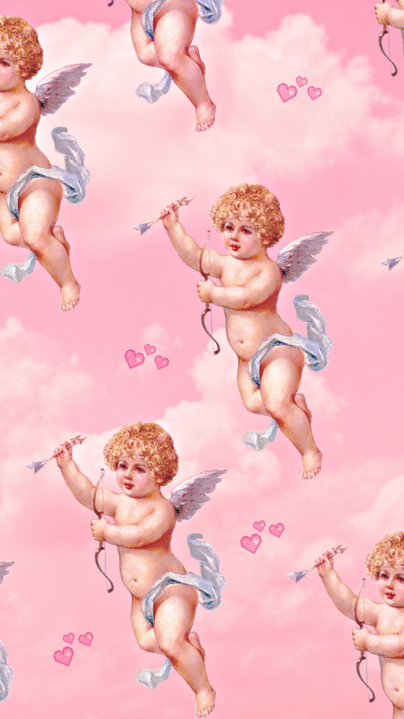 Pink wallpaper with cherubs and hearts for your phone - Cupid