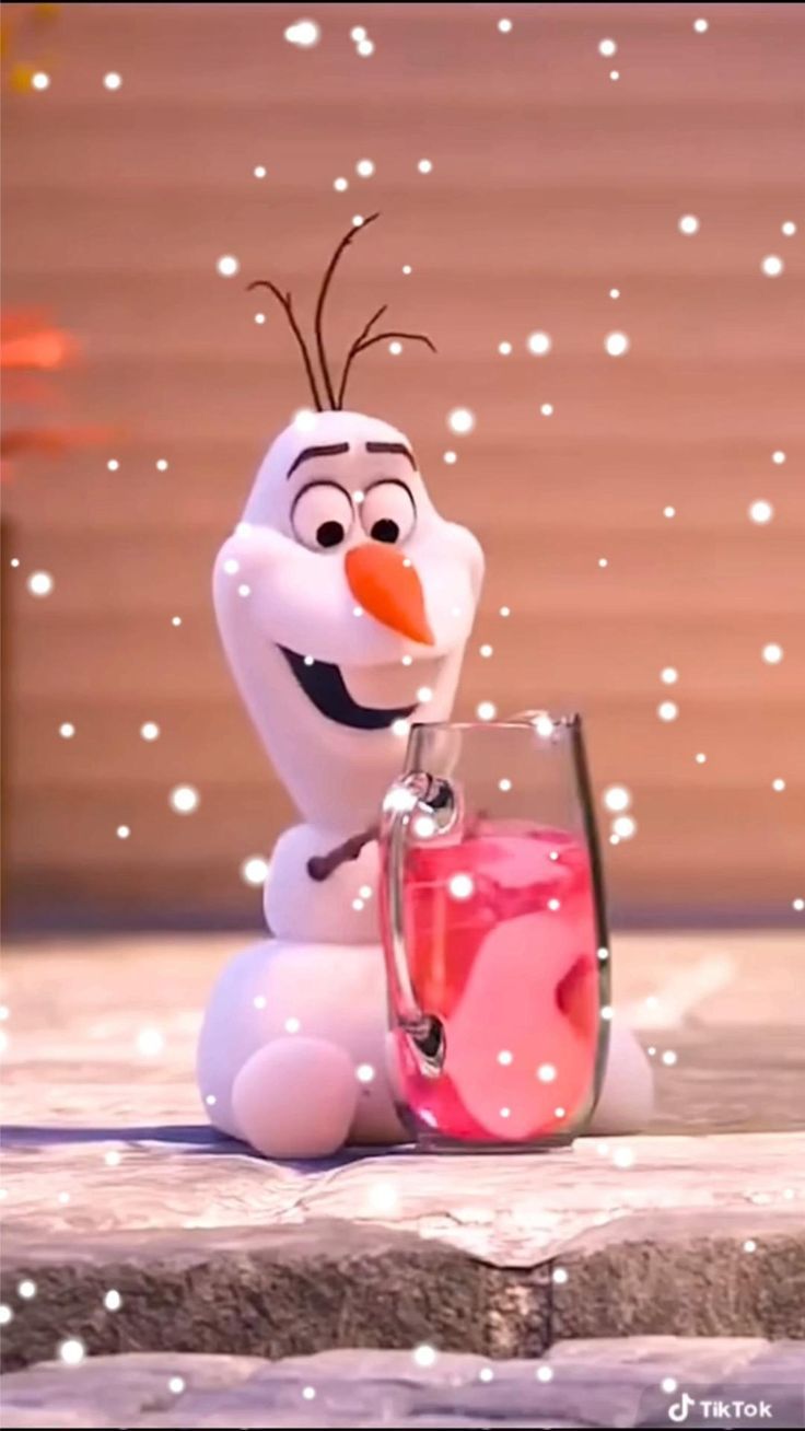 Disney frozen olaf drinking a pink cup - Olaf