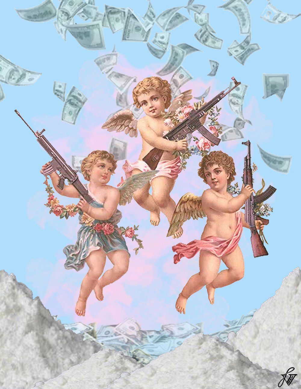 Three Cherubs in the sky with guns and money - Cupid
