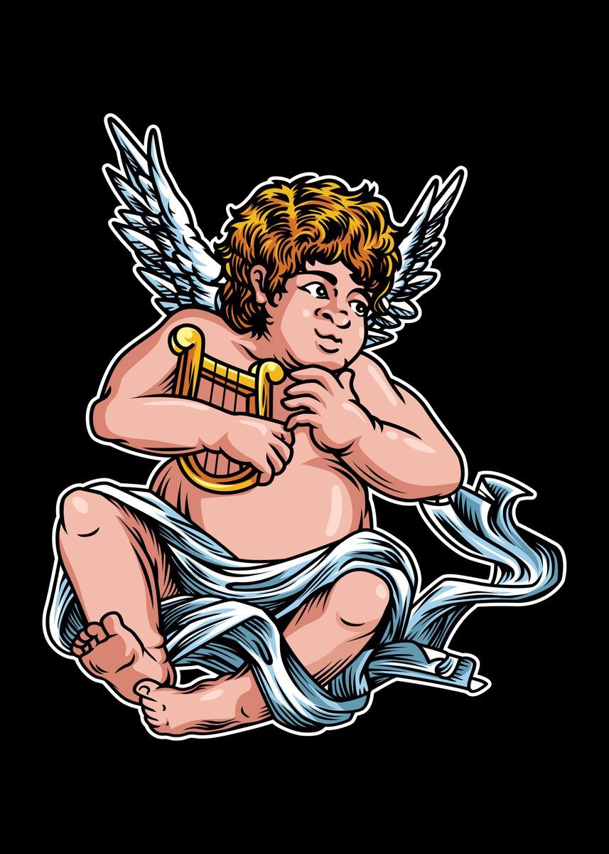 An illustration of a baby Cupid sitting on the ground - Cupid