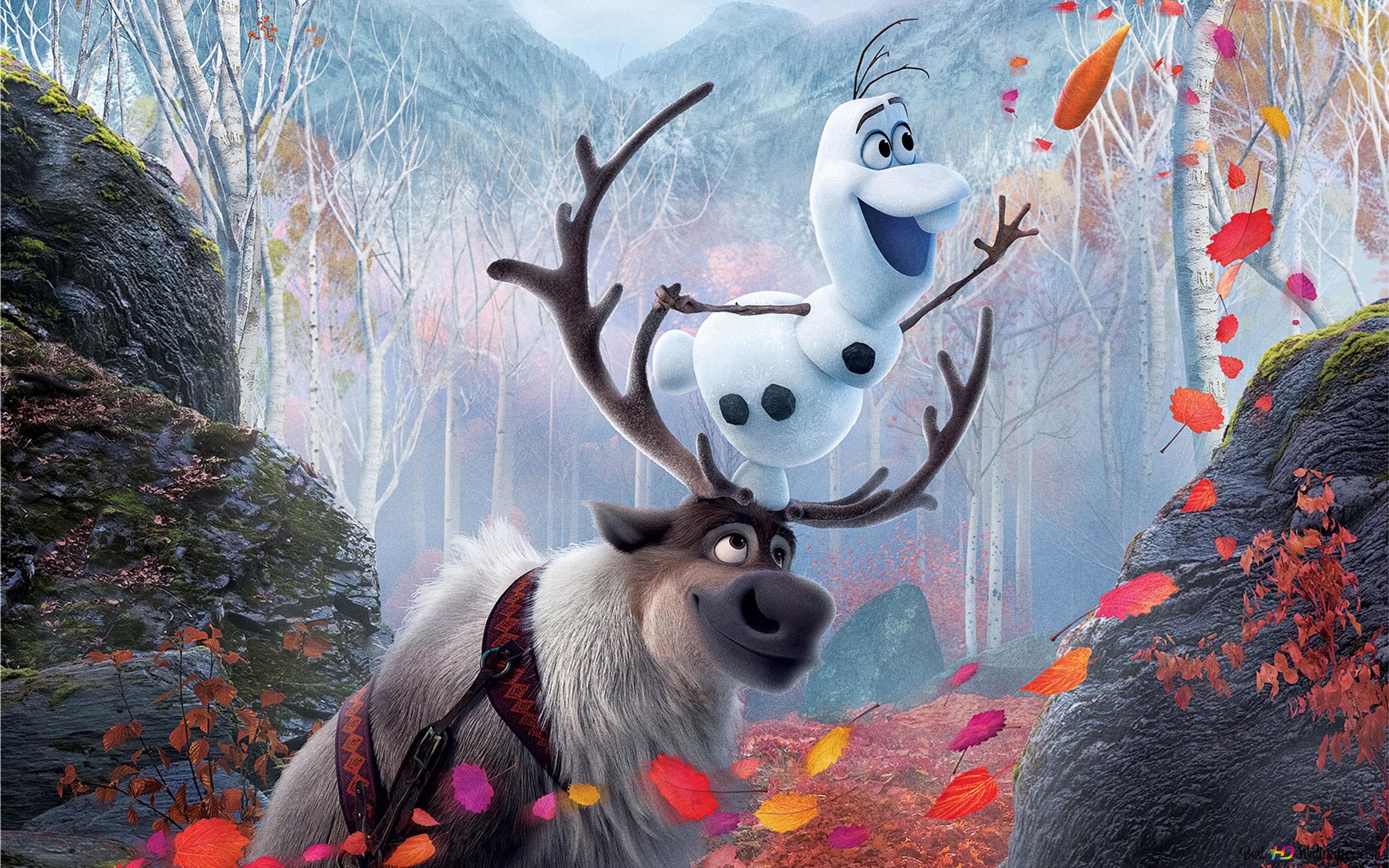 Olaf and Sven playing with autumn leaves at the Enchanted forest 2K wallpaper download