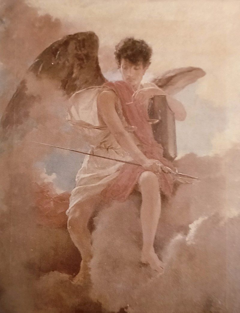 A painting of an angel with wings and holding something - Cupid