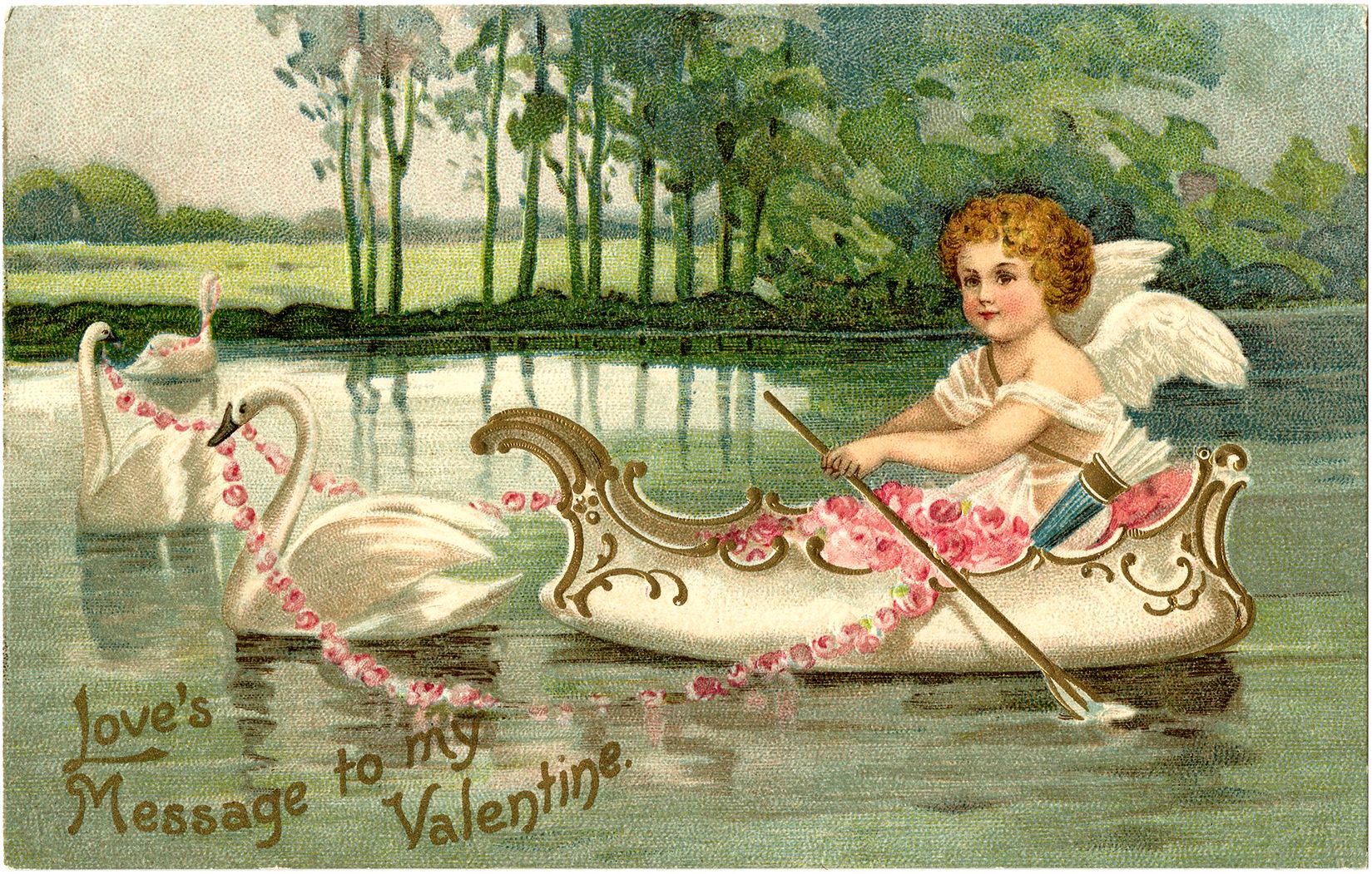 A postcard of an angel in the water - Cupid