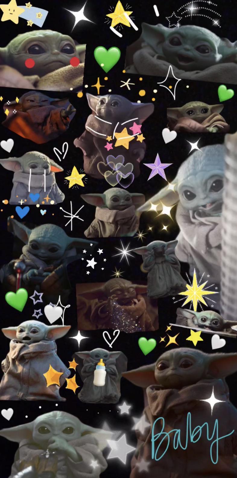 Collage of Baby Yoda images, surrounded by stars and hearts - Baby Yoda