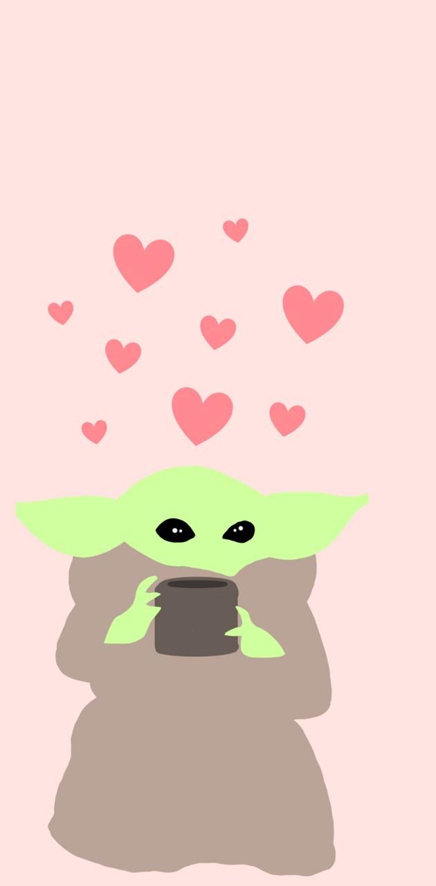 Baby yoda with a cup of coffee and hearts - Baby Yoda
