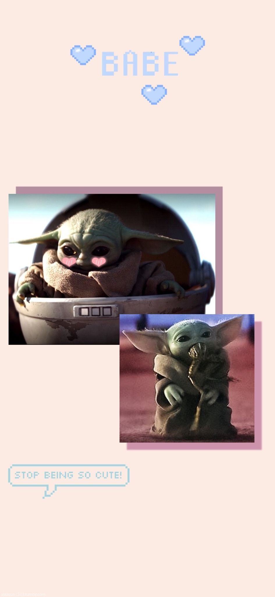 A cute baby yoda phone background with two pictures of baby yoda and the words 