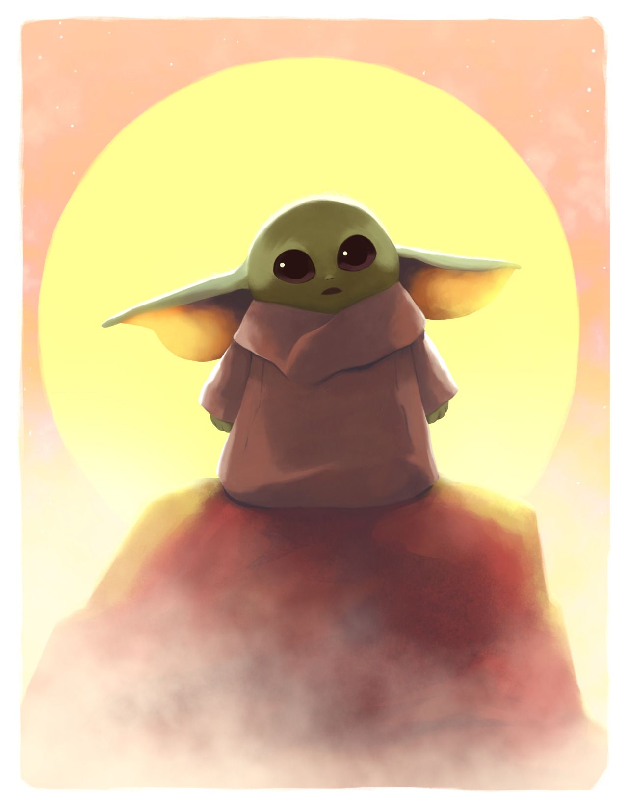 The baby yoda is sitting on a rock with sun in background - Baby Yoda