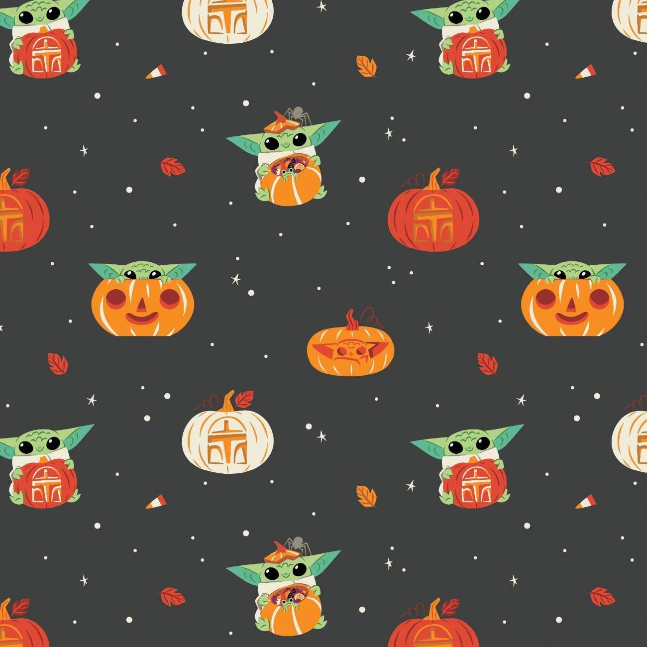 A repeating pattern of Baby Yoda and pumpkins on a dark gray background - Baby Yoda