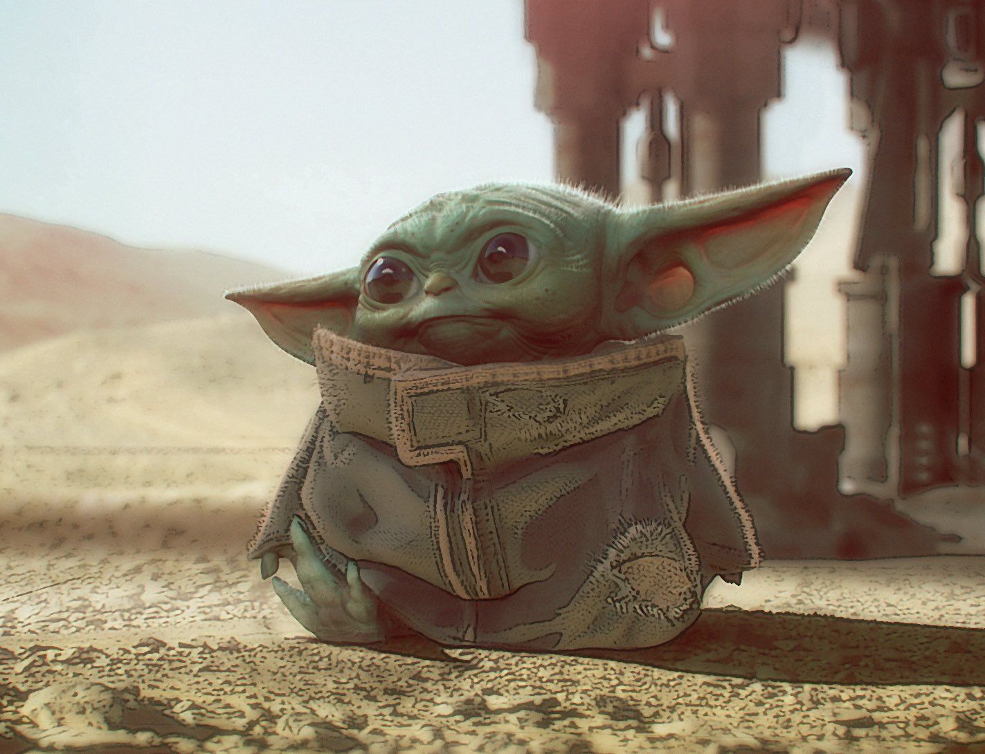 Baby Yoda in a desert, from the Mandalorian series. - Baby Yoda