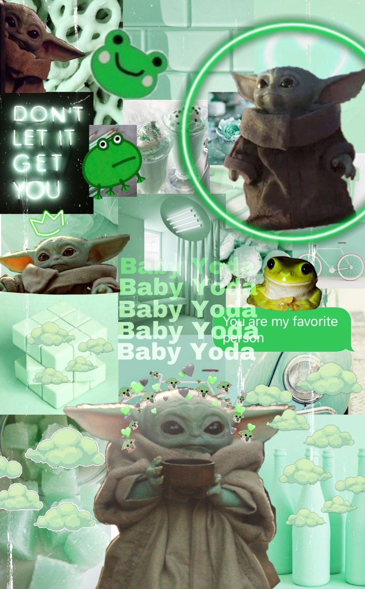 A collage of Baby Yoda images with a green aesthetic - Baby Yoda