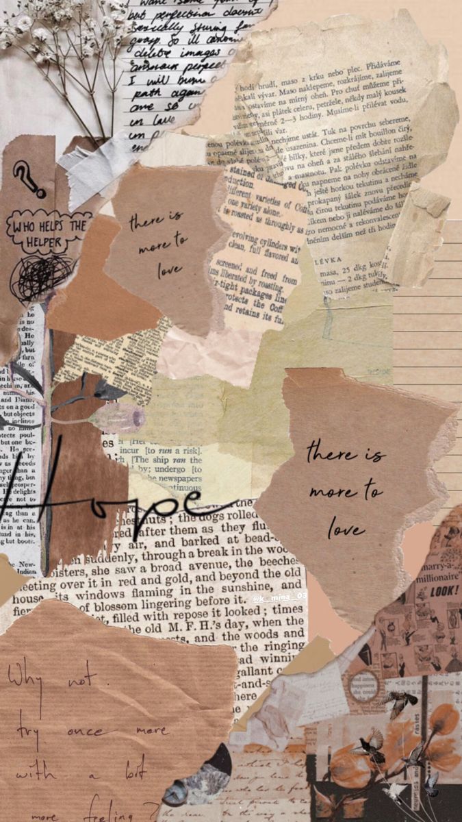 Collage of torn pieces of paper, words, and flowers. - Paper