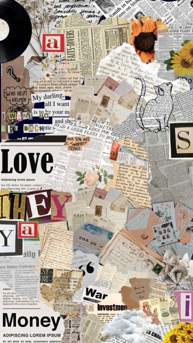 A collage of pictures and words on top - Paper