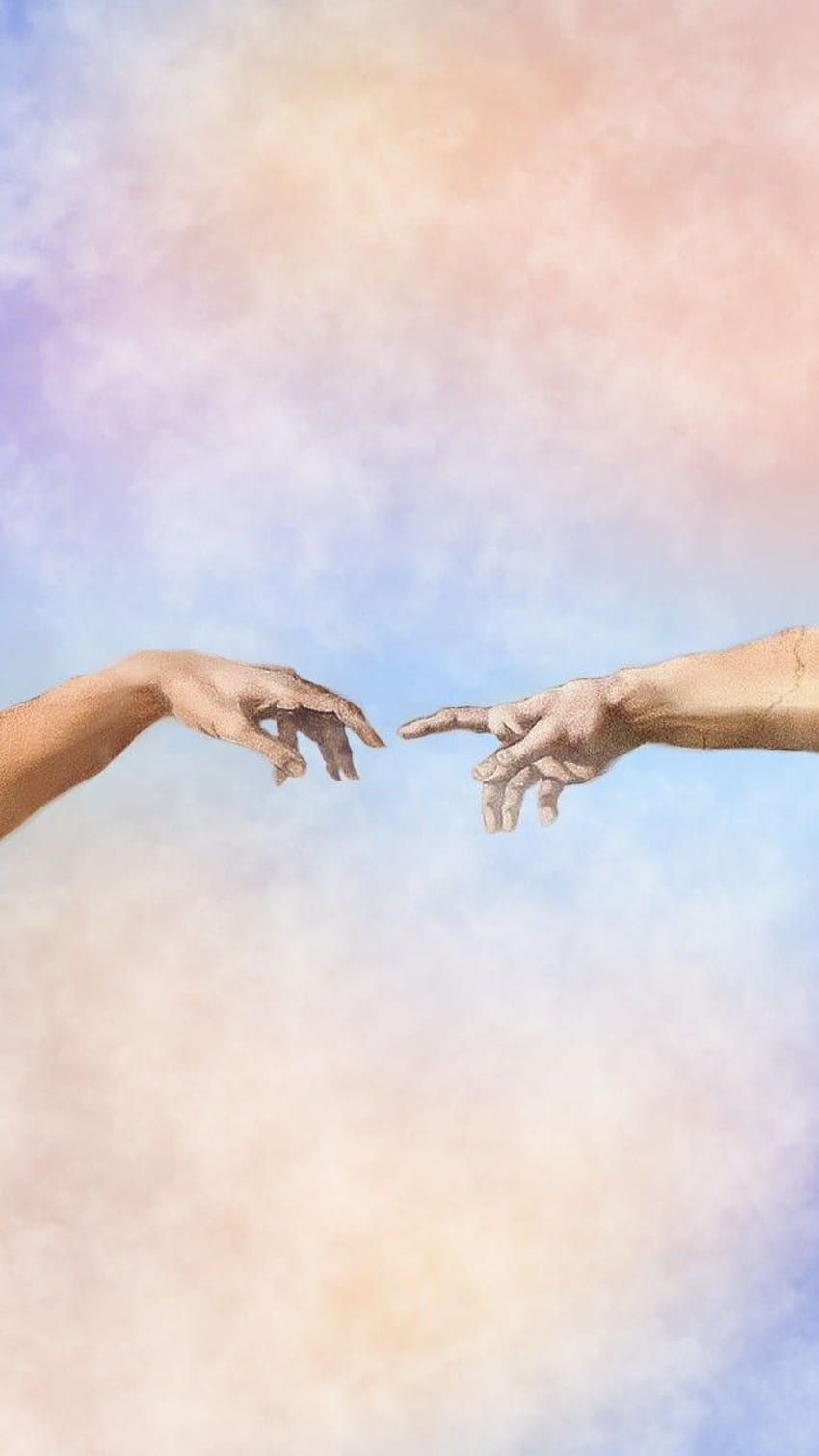 Two hands reaching out to each other with a sky background - The Creation of Adam