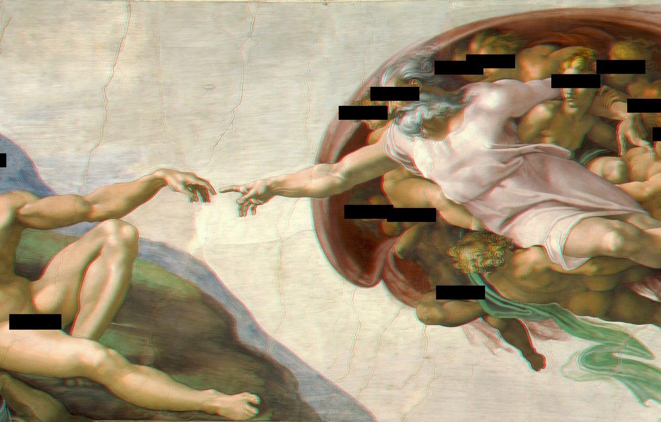 Michelangelo's painting of Adam being created, with the hands of God and Adam being the only parts not obscured by black squares. - The Creation of Adam