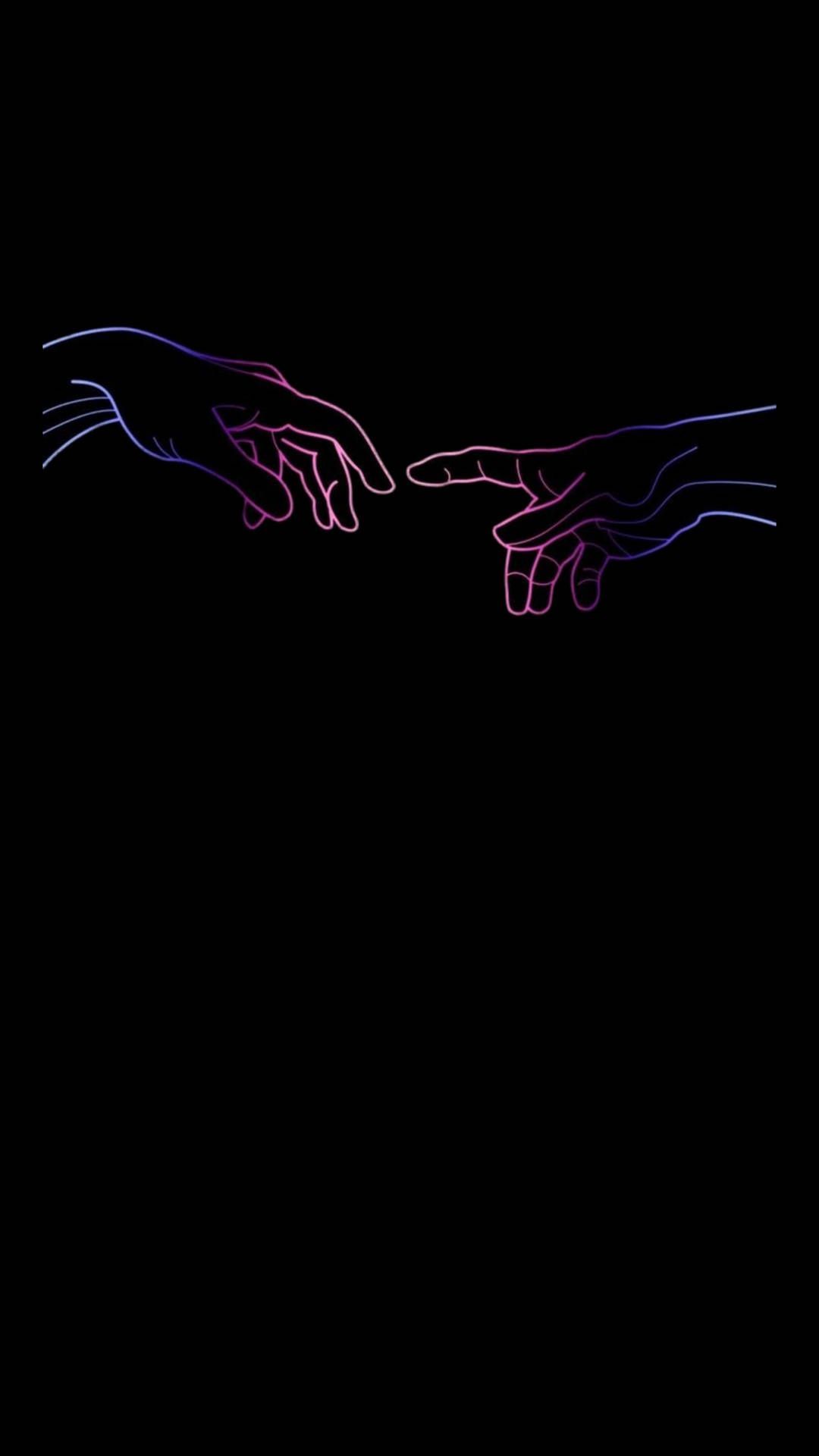 Two hands in purple and pink reaching out to each other on a black background - The Creation of Adam